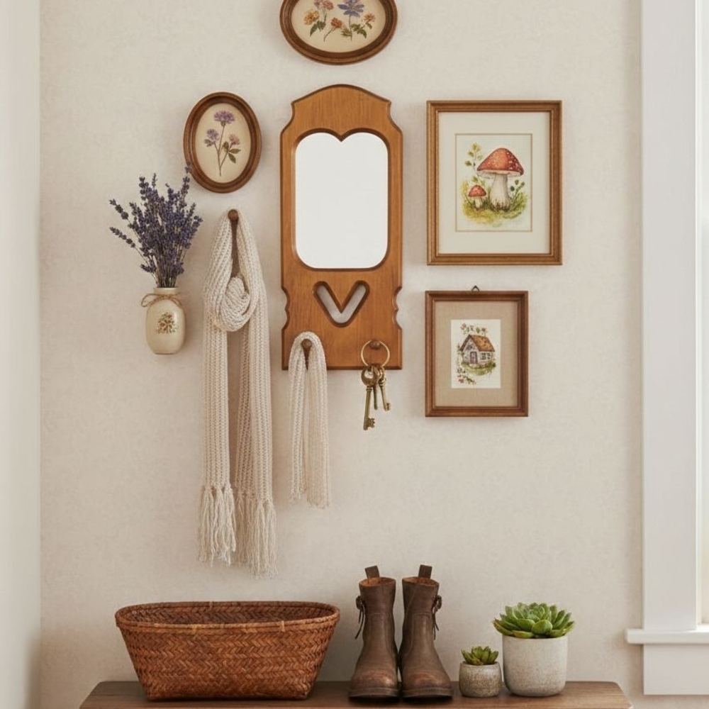 Vintage Wood framed mirror with Shaker pegs hooks Entryway Wall hanging